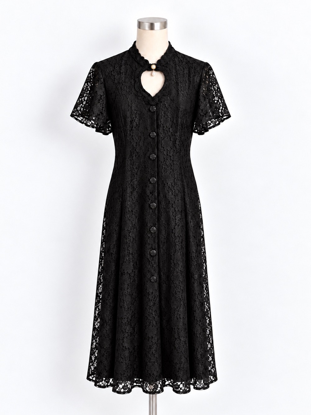 Vintage 1990s Two Roads Black Lace Pearl Keyhole Romantic Goth Dress M
